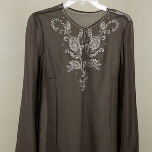 100% Silk Embroidered Sheer Tunic Blouse • Chocolate Brown • Beaded Detail